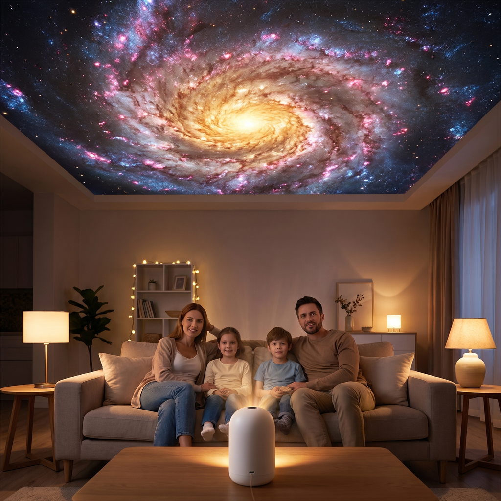 Family movie night under a projected spiral galaxy