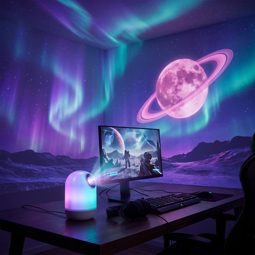 Gaming room with a projected alien aurora sky