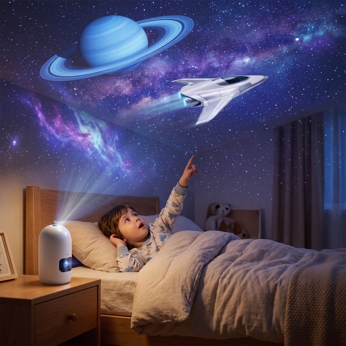 Kid's bedroom ceiling covered in a projected galaxy with a starship gliding by