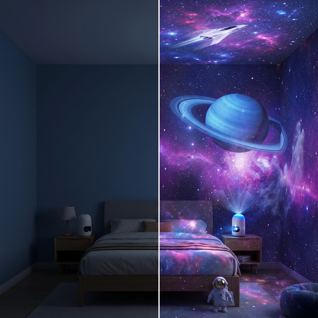 Before and after: plain bedroom vs. NovaRift galaxy